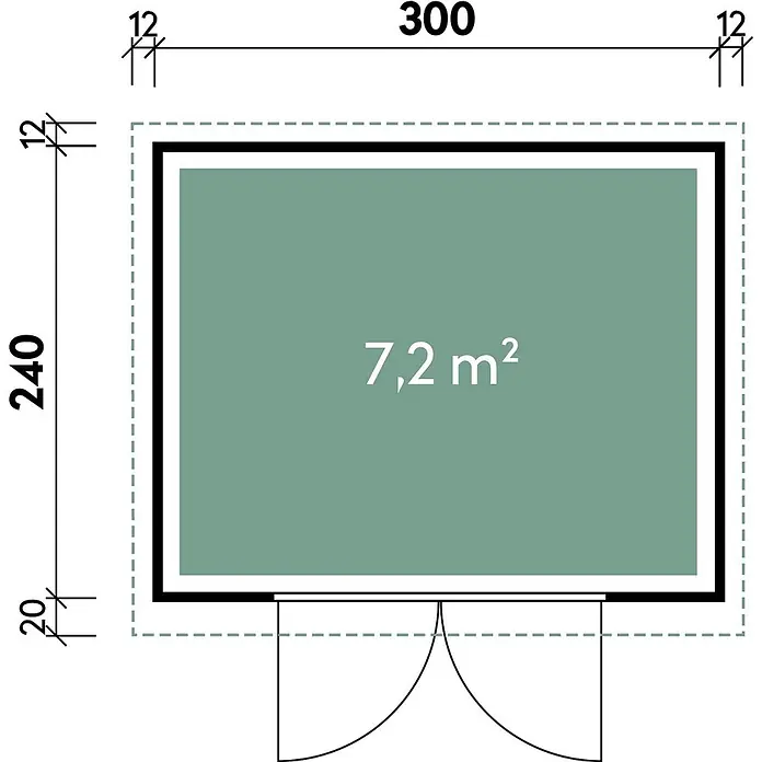 Wolff Finnhaus Gartenhaus Sören Master Line - Außenmaß inkl. Dachüberstand (B x T): 324 x 272 cm, Verbundwerkstoff, Anthrazit - Grundriss mit Außenmaßen 300x240 cm und einer Gesamtfläche von 7,2 m².