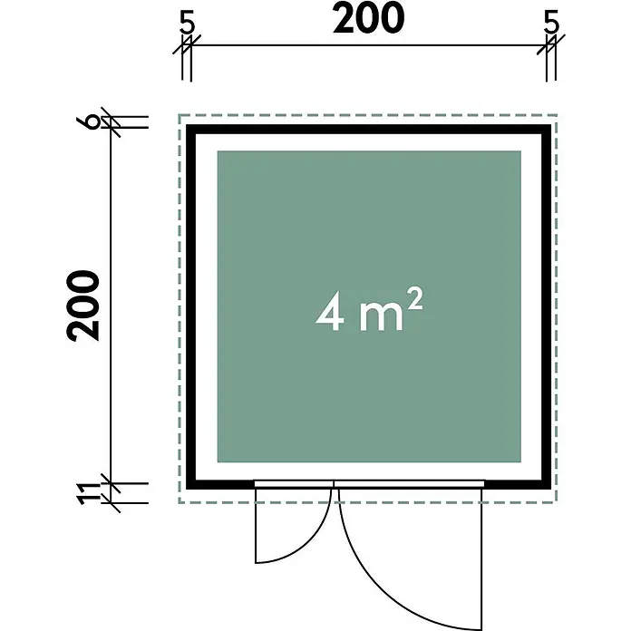 Wolff Finnhaus Gartenhaus Asger Prime Line - Außenmaß inkl. Dachüberstand (B x T): 210 x 220 cm, Verbundwerkstoff, Anthrazit - Grundriss eines quadratischen Gartenhauses, 4 m² Innenfläche, 200x200 Außenmaße und Tür.