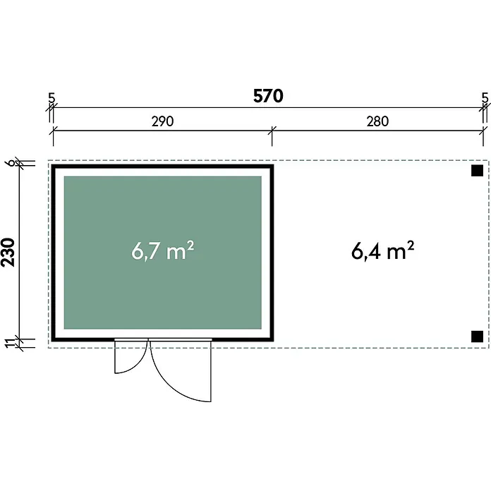 Wolff Finnhaus Gartenhaus Linnea Prime Line - Außenmaß inkl. Dachüberstand (B x T): 580 x 247 cm, Metall, Felsgrau - Grundriss mit Gesamtabmessungen von 570x230 Einheiten. Er zeigt einen 6,7 m² großen Hauptraum und einen angrenzenden 6,4 m² großen Bereich mit detaillierten Segmentmaßen.