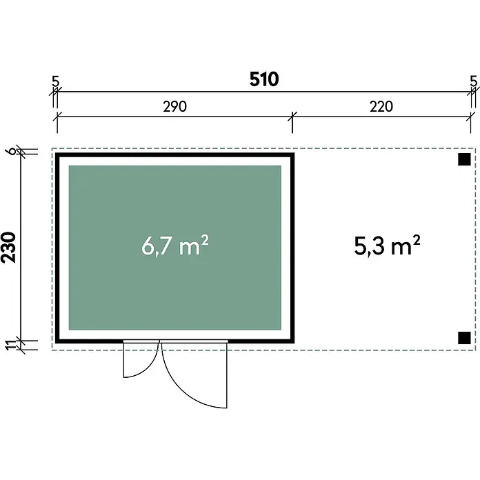 Wolff Finnhaus Gartenhaus Linnea Prime Line - Außenmaß inkl. Dachüberstand (B x T): 519 x 247 cm, Metall, Anthrazit - Grundriss eines Gartenhauses mit 6,7 m² geschlossenem und 5,3 m² offenem Bereich, Maße 510x230 cm.