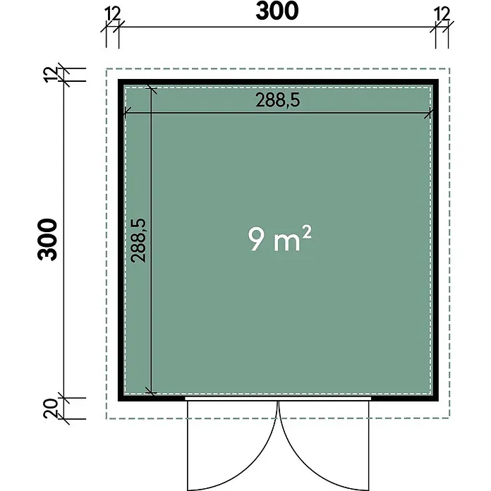 Wolff Finnhaus Gartenhaus Eirik Master Line - Außenmaß inkl. Dachüberstand (B x T): 324 x 332 cm, Metall, Anthrazit - Grundriss eines quadratischen Gartenhauses, 300x300 cm außen, mit 288,5x288,5 cm Innenfläche und 9 m² Grundfläche. Mit Tür.