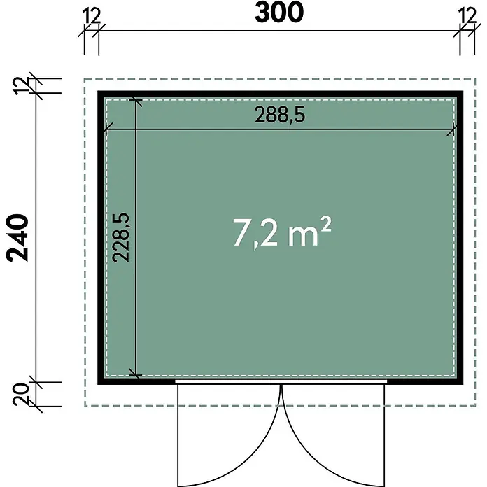 Wolff Finnhaus Gartenhaus Eirik Master Line - Außenmaß inkl. Dachüberstand (B x T): 324 x 272 cm, Metall, Anthrazit - Grundrisszeichnung eines rechteckigen Raumes. Gesamt 300x240, innen 288,5x228,5, Fläche 7,2 m². Inklusive Tür.