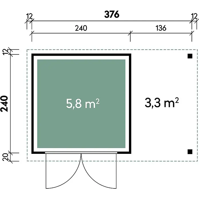 Wolff Finnhaus Gartenhaus Alvar Master Line - Außenmaß inkl. Dachüberstand (B x T): 399 x 272 cm, Holz, Grau - Grundriss mit einem Raum (5,8 m²) und angrenzendem Bereich (3,3 m²), Gesamtmaße 376x240 Einheiten.