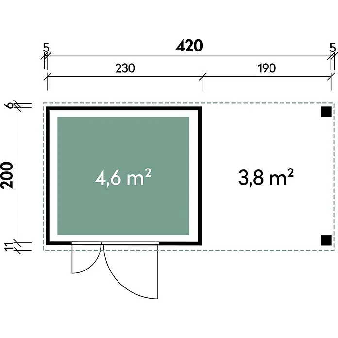 Wolff Finnhaus Gartenhaus Linnea Prime Line - Außenmaß inkl. Dachüberstand (B x T): 429 x 220 cm, Metall, Felsgrau - Grundriss eines Gartenhauses mit Gesamtmaßen 420x200 cm und zwei Flächen von 4,6 m² und 3,8 m².
