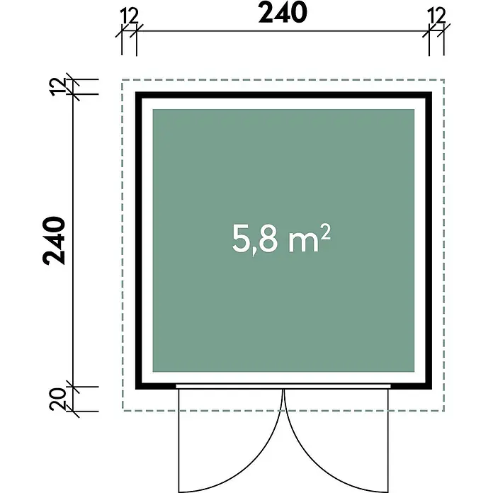 Wolff Finnhaus Gartenhaus Sören Master Line - Außenmaß inkl. Dachüberstand (B x T): 264 x 272 cm, Verbundwerkstoff, Anthrazit - Grundriss einer quadratischen Struktur, 2,40 x 2,40 m, mit einer Innenfläche von 5,8 m² und einer Tür.