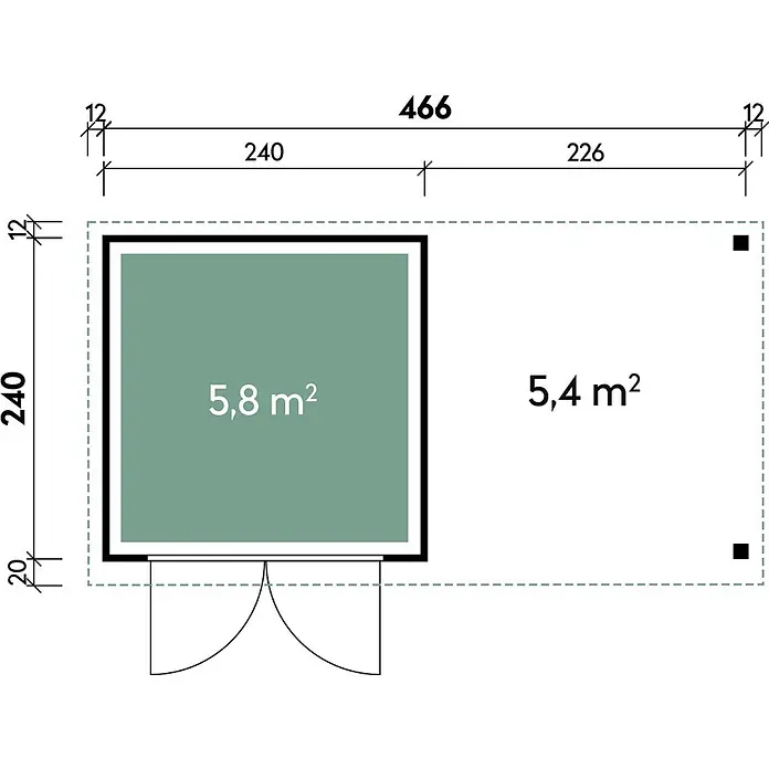 Wolff Finnhaus Gartenhaus Alvar Master Line - Außenmaß inkl. Dachüberstand (B x T): 489 x 272 cm, Holz, Kiefer - Grundriss eines Gartenhauses mit zwei Bereichen, 5,8 m² und 5,4 m², und Gesamtmaßen von 466x240 cm.