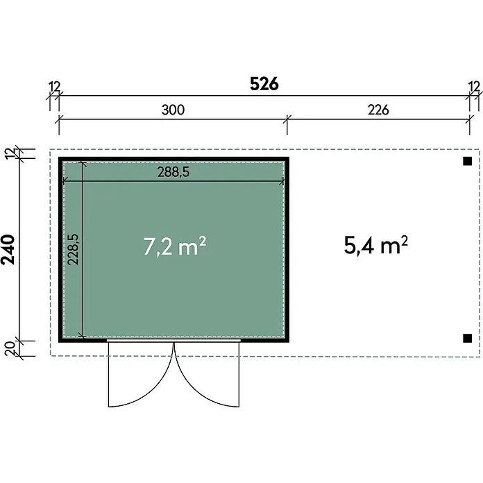 Wolff Finnhaus Gartenhaus Elvar Master Line - Außenmaß inkl. Dachüberstand (B x T): 550 x 272 cm, Metall, Anthrazit - Grundriss mit Außenmaßen 526x240 und Innenflächen: 7,2 m² geschlossener Raum, 5,4 m² offener Raum.