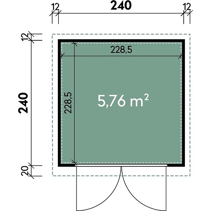 Wolff Finnhaus Gartenhaus Eirik Master Line - Außenmaß inkl. Dachüberstand (B x T): 264 x 272 cm, Metall, Anthrazit - Detaillierter Grundriss mit Außenmaßen 240x240, Innenmaßen 228.5x228.5 und einer berechneten Fläche von 5,76 m².