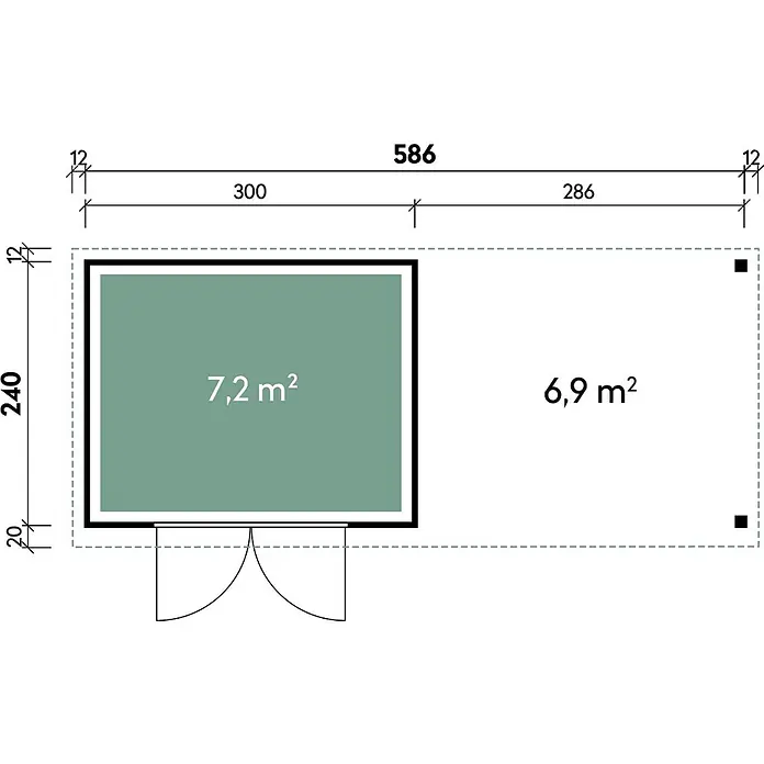 Wolff Finnhaus Gartenhaus Alvar Master Line - Außenmaß inkl. Dachüberstand (B x T): 610 x 272 cm, Holz, Kiefer - Grundriss eines Gartenhauses: 7,2 m² geschlossener Raum und 6,9 m² offener Bereich, Gesamtmaße 586x240.