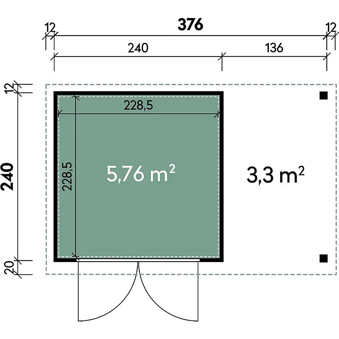 Wolff Finnhaus Gartenhaus Elvar Master Line - Außenmaß inkl. Dachüberstand (B x T): 399 x 272 cm, Metall, Anthrazit - Grundriss eines Bauwerks mit Hauptabmessungen 240x376 und Flächen 5,76 m² (grün) und 3,3 m².