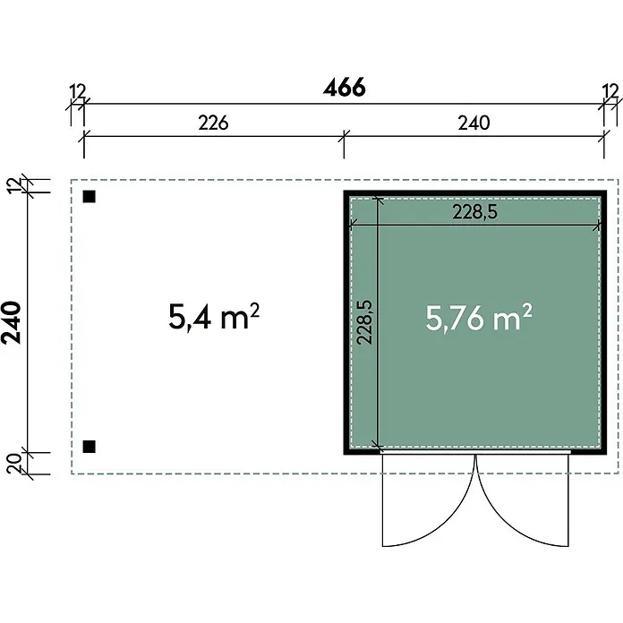 Wolff Finnhaus Gartenhaus Elvar Master Line - Außenmaß inkl. Dachüberstand (B x T): 489 x 272 cm, Metall, Anthrazit - Grundriss eines zweiräumigen Gebäudes mit detaillierten Maßen und Flächen in Quadratmetern.