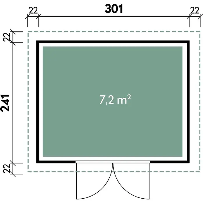 Wolff Finnhaus Gartenhaus Avela Master Line - Außenmaß inkl. Dachüberstand (B x T): 343 x 280 cm, Verbundwerkstoff, Anthrazit - Grundriss mit Außenmaßen 301x241 und einer Innenfläche von 7,2 m².