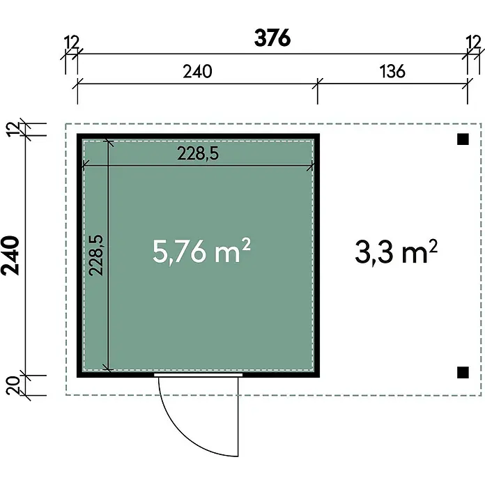 Wolff Finnhaus Gartenhaus Thorin Master Line - Außenmaß inkl. Dachüberstand (B x T): 399 x 272 cm, Metall, Anthrazit - Grundriss mit Gesamt- und Innenmaßen, zeigt 5,76 m² grüne Fläche und 3,3 m² weiße Fläche.
