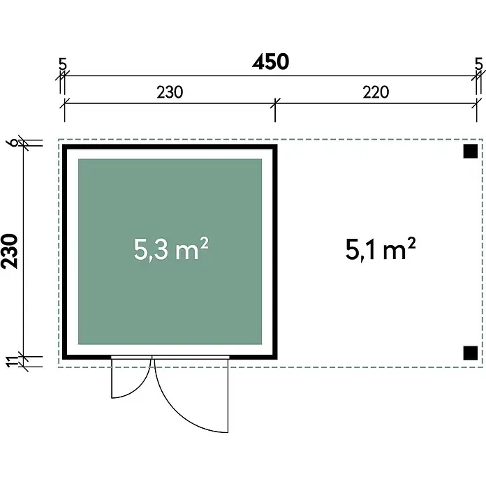 Wolff Finnhaus Gartenhaus Juna Prime Line - Außenmaß inkl. Dachüberstand (B x T): 460 x 247 cm, Verbundwerkstoff, Anthrazit - Grundriss eines kleinen Gebäudes mit Abmessungen (450x230) und zwei internen Bereichen: 5,3 m² (grün) und 5,1 m² (weiß).