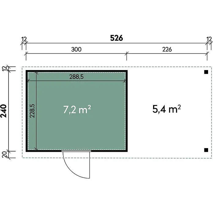 Wolff Finnhaus Gartenhaus Thorin Master Line - Außenmaß inkl. Dachüberstand (B x T): 550 x 272 cm, Metall, Anthrazit - Grundriss mit einem Raum (7,2 m²) und einem offenen Bereich (5,4 m²), Gesamtmaßen 526 x 240 cm und Innenmaßen.