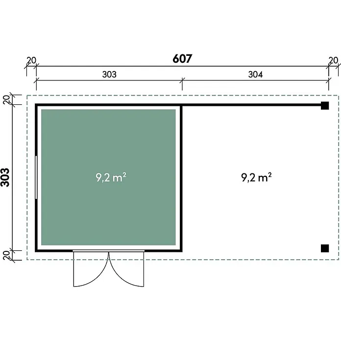 Wolff Finnhaus Gartenhaus Solaro Master Line - Außenmaß inkl. Dachüberstand (B x T): 637 x 340 cm, Verbundwerkstoff, Graubraun - Detaillierter Grundriss für ein zweigeteiltes Gebäude, je 9,2 m², mit Hauptmaßen.