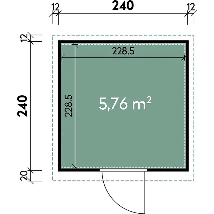 Wolff Finnhaus Gartenhaus Hakon Master Line - Außenmaß inkl. Dachüberstand (B x T): 264 x 272 cm, Metall, Anthrazit - Grundriss eines quadratischen Schuppens: Außenmaße 240x240, Innenmaße 228,5x228,5, Fläche 5,76 m².