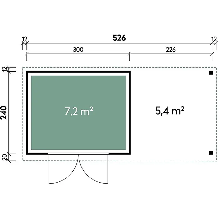 Wolff Finnhaus Gartenhaus Alvar Master Line - Außenmaß inkl. Dachüberstand (B x T): 550 x 272 cm, Holz, Kiefer - Grundriss eines Gartenhauses: 7,2 m² Raum, 5,4 m² Anbau. Maße: 526 cm Länge, 240 cm Breite.