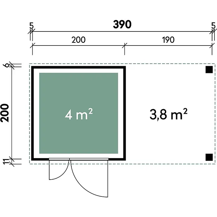 Wolff Finnhaus Gartenhaus Juna Prime Line - Außenmaß inkl. Dachüberstand (B x T): 400 x 220 cm, Verbundwerkstoff, Anthrazit - Grundriss mit Maßen 390x200 cm, zeigt zwei Innenbereiche von 4 m² und 3,8 m² und eine Tür.