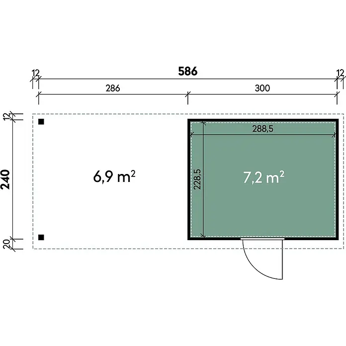 Wolff Finnhaus Gartenhaus Thorin Master Line - Außenmaß inkl. Dachüberstand (B x T): 610 x 272 cm, Metall, Anthrazit - Grundriss mit Maßen (586x240) und Flächen (6,9 m², 7,2 m²).