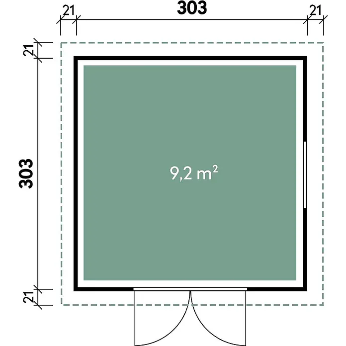 Wolff Finnhaus Gartenhaus Avela Master Line - Außenmaß inkl. Dachüberstand (B x T): 343 x 340 cm, Verbundwerkstoff, Anthrazit - Grundriss mit Außenmaßen 303x303 cm und einer Innenfläche von 9,2 m².
