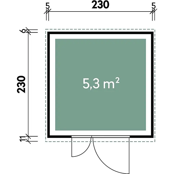 Wolff Finnhaus Gartenhaus Asger Prime Line - Außenmaß inkl. Dachüberstand (B x T): 240 x 247 cm, Verbundwerkstoff, Anthrazit - Architektonischer Grundriss einer 230x230 cm Struktur mit 5,3 m² Innenfläche und Türplatzierung.
