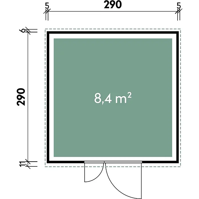 Wolff Finnhaus Gartenhaus Asger Prime Line - Außenmaß inkl. Dachüberstand (B x T): 300 x 300 cm, Verbundwerkstoff, Anthrazit - Grundriss eines quadratischen Raumes mit Außenmaßen von 290x290 cm und einer Innenfläche von 8,4 m², inklusive Tür.