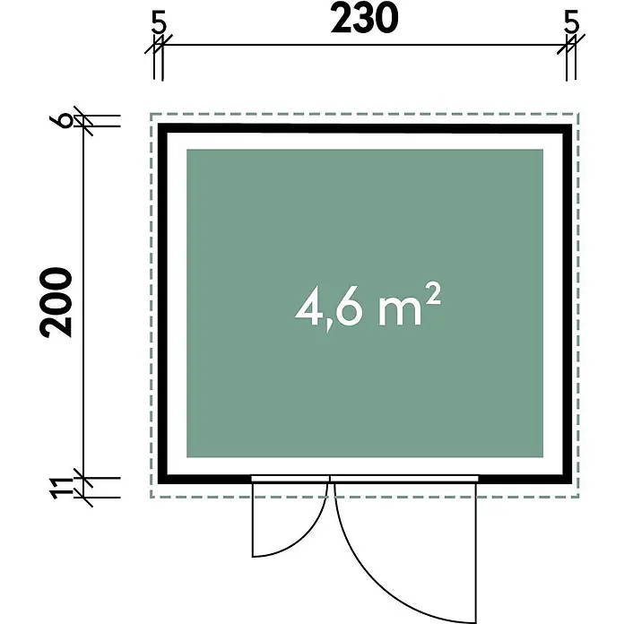 Wolff Finnhaus Gartenhaus Asger Prime Line - Außenmaß inkl. Dachüberstand (B x T): 240 x 220 cm, Verbundwerkstoff, Anthrazit - Grundriss mit Maßen 230x200 und 4,6 m² Innenfläche, inklusive Tür. Details der Wandstärke sind gezeigt.