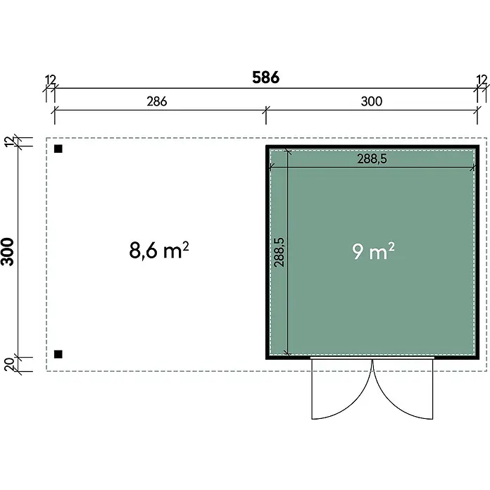 Wolff Finnhaus Gartenhaus Elvar Master Line - Außenmaß inkl. Dachüberstand (B x T): 610 x 332 cm, Metall, Anthrazit - Grundrisszeichnung mit Maßen und Flächen. Zeigt zwei Abschnitte, 8,6 m² und 9 m², mit Gesamtmaßen von 586 mal 300 Einheiten.