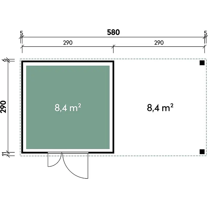 Wolff Finnhaus Gartenhaus Juna Prime Line - Außenmaß inkl. Dachüberstand (B x T): 590 x 306 cm, Verbundwerkstoff, Anthrazit - Grundriss eines rechteckigen Gebäudes (5,8 x 2,9 m), in zwei Räume (je 8,4 m²) aufgeteilt.