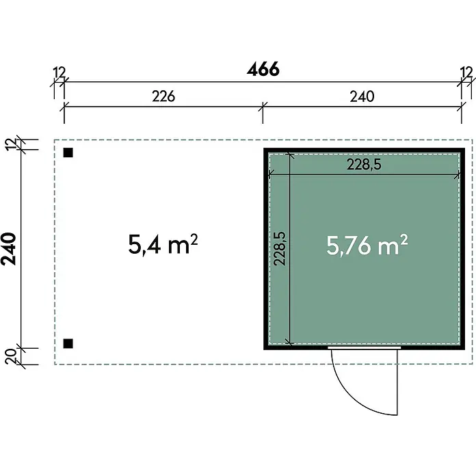 Wolff Finnhaus Gartenhaus Thorin Master Line - Außenmaß inkl. Dachüberstand (B x T): 489 x 272 cm, Metall, Anthrazit - Grundriss einer rechteckigen Struktur. Gesamtabmessungen sind 466x240. Er zeigt zwei Bereiche mit Flächen von 5,4 m² und 5,76 m².