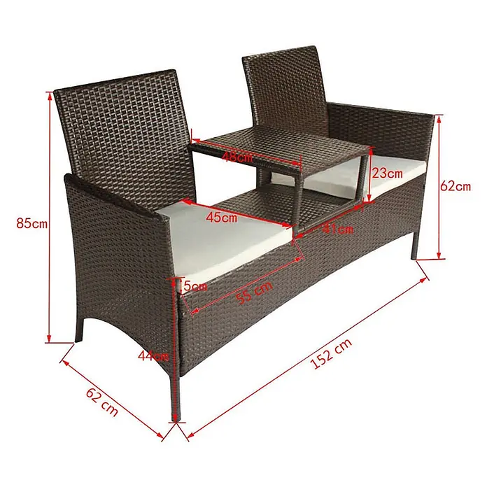 Furnicato Gartenbank 2-Sitzer PE-Rattan Braun mit Teetisch -  - Braune Rattan-Gartenbank mit zwei Sitzen, integriertem Mitteltisch und weißen Kissen.