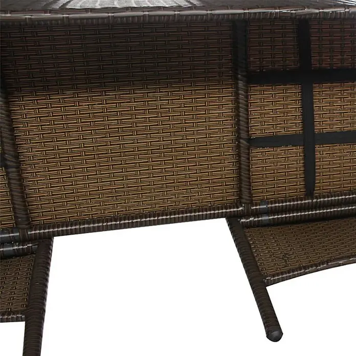 Furnicato Gartenbank 2-Sitzer PE-Rattan Braun mit Teetisch -  - Unterseite eines braunen Möbelstücks aus synthetischem Rattan mit dunklen Metallbeinen und schwarzen Stützgurten.