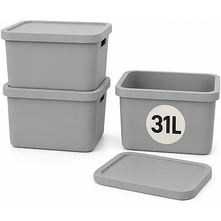Plastard  Aufbewahrungsbox-Set 3er-Set 31 Liter in Grau mit Deckel – Stapelboxen, Lagerboxen
