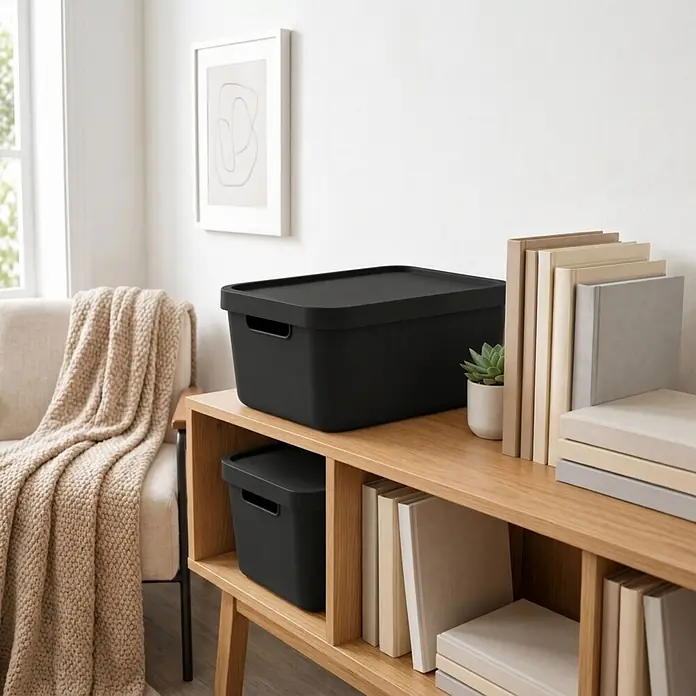 Plastard Aufbewahrungsbox-Set 2er-Set 19 Liter in Schwarz mit Deckel – Stapelboxen, Lagerboxen - L x B x H: 45,5 x 33,5 x 15,5 cm, Kunststoff, Schwarz, 2 Stk. - Schwarze Aufbewahrungsboxen mit Deckel auf einem hellen Holzregal, die einen modernen Wohnraum organisieren.