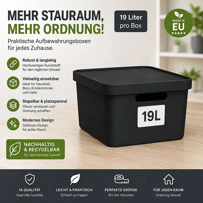 Plastard Aufbewahrungsbox-Set 2er-Set 19 Liter in Schwarz mit Deckel – Stapelboxen, Lagerboxen - L x B x H: 45,5 x 33,5 x 15,5 cm, Kunststoff, Schwarz, 2 Stk. - Schwarze 19-Liter-Aufbewahrungsbox mit Deckel, betont Organisation, Nachhaltigkeit und vielseitige Nutzung.