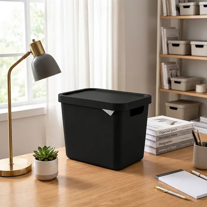 Plastard Aufbewahrungsbox-Set 2er-Set 12,5 Liter in Schwarz mit Deckel – Stapelboxen, Lagerboxen - L x B x H: 32 x 22 x 24 cm, Kunststoff, Schwarz, 2 Stk. - Schwarze Aufbewahrungsbox mit Deckel auf einem Holzschreibtisch, organisiert Papiere, neben Lampe und Pflanze.