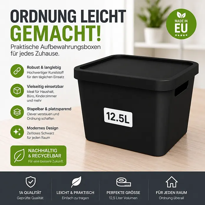 Plastard Aufbewahrungsbox-Set 2er-Set 12,5 Liter in Schwarz mit Deckel – Stapelboxen, Lagerboxen - L x B x H: 32 x 22 x 24 cm, Kunststoff, Schwarz, 2 Stk. - Schwarze Plastik-Aufbewahrungsbox mit Deckel, vorne mit '12.5L' beschriftet.