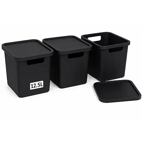 Plastard  Aufbewahrungsbox-Set 3er-Set 12,5 Liter in Schwarz mit Deckel – Stapelboxen, Lagerboxen