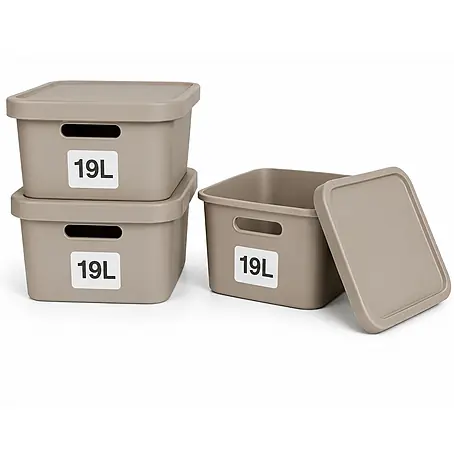 Plastard  Aufbewahrungsbox-Set 3er-Set 19 Liter in Beige mit Deckel – Stapelboxen, Lagerboxen