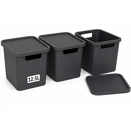 Plastard  Aufbewahrungsbox-Set 3er-Set 12,5 Liter in Anthrazit mit Deckel – Stapelboxen, Lagerboxen