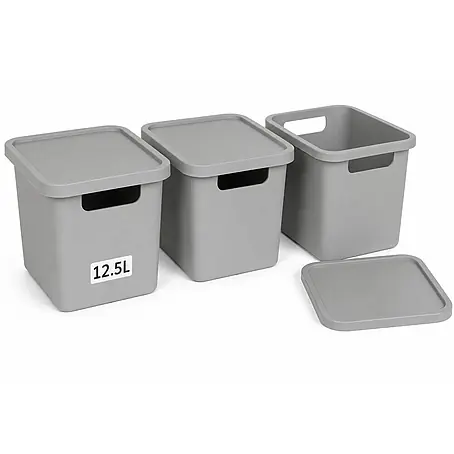 Plastard  Aufbewahrungsbox-Set 3er-Set 12,5 Liter in Grau mit Deckel – Stapelboxen, Lagerboxen