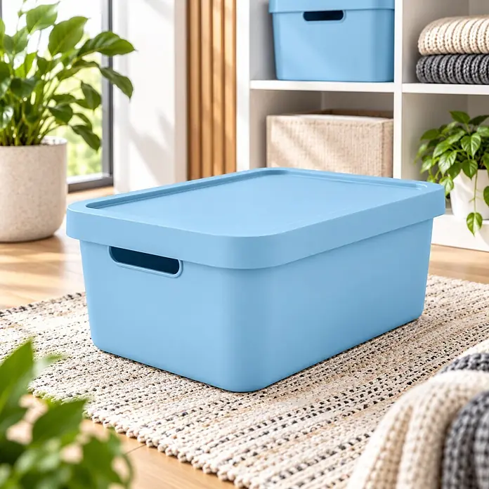 2er-Set 7,5 Liter in Blau mit Deckel – Stapelboxen, Lagerboxen -  - Hellblaue Kunststoff-Aufbewahrungsbox mit Deckel auf einem Teppich für die Organisation im Raum.