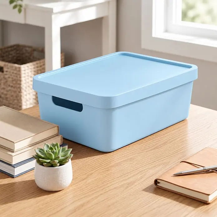 2er-Set 7,5 Liter in Blau mit Deckel – Stapelboxen, Lagerboxen -  - Eine hellblaue Aufbewahrungsbox mit Deckel und Griffen auf einem Holzschreibtisch, umgeben von Büchern und einer Pflanze.