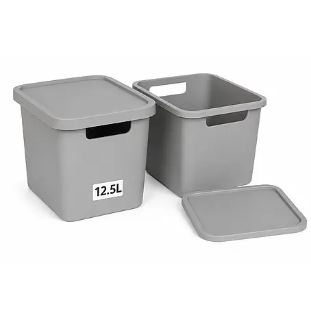 Plastard  Aufbewahrungsbox-Set 2er-Set 12,5 Liter in Grau mit Deckel – Stapelboxen, Lagerboxen