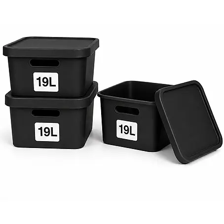 Plastard  Aufbewahrungsbox-Set 3er-Set 19 Liter in Schwarz mit Deckel – Stapelboxen, Lagerboxen