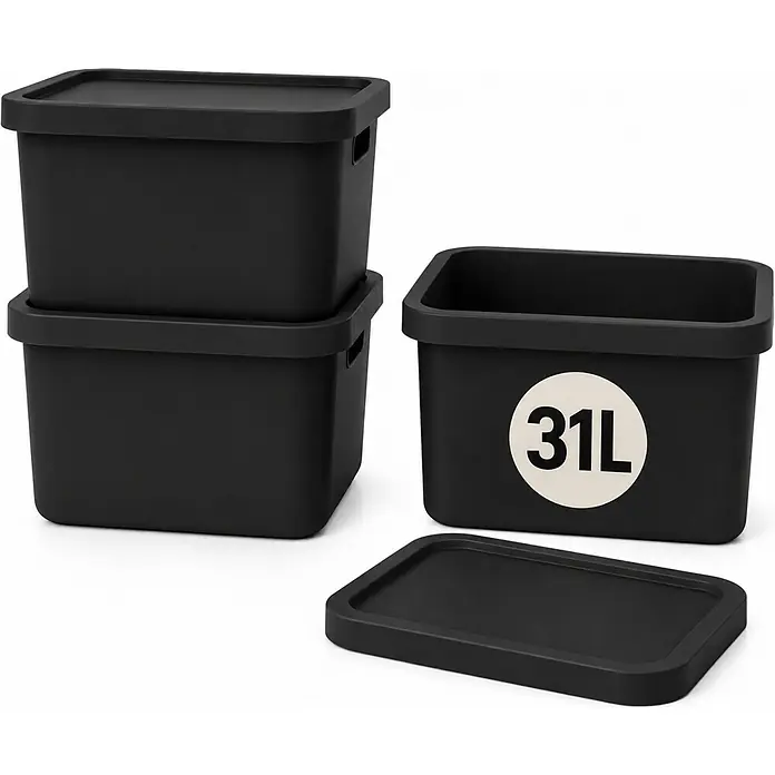 Plastard Aufbewahrungsbox-Set 3er-Set 31 Liter in Schwarz mit Deckel – Stapelboxen, Lagerboxen - L x B x H: 45,5 x 33,5 x 25 cm, Kunststoff, Schwarz, 3 Stk. - Set schwarzer Kunststoff-Aufbewahrungsboxen mit Deckeln. Eine Box zeigt 31L Fassungsvermögen an.
