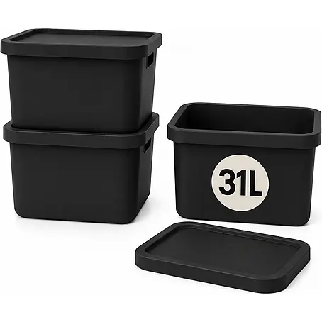 Plastard  Aufbewahrungsbox-Set 3er-Set 31 Liter in Schwarz mit Deckel – Stapelboxen, Lagerboxen