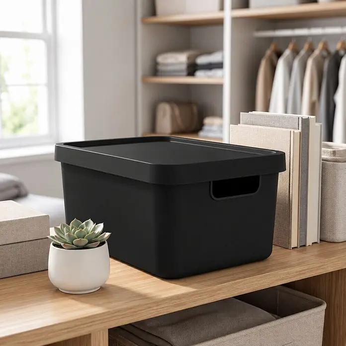 Plastard Aufbewahrungsbox-Set 2er-Set 31 Liter in Schwarz mit Deckel – Stapelboxen, Lagerboxen - L x B x H: 45,5 x 33,5 x 25 cm, Kunststoff, Schwarz, 2 Stk. - Schwarze Aufbewahrungsbox mit Deckel auf einem Holzregal, zur Organisation im Kleiderschrank.