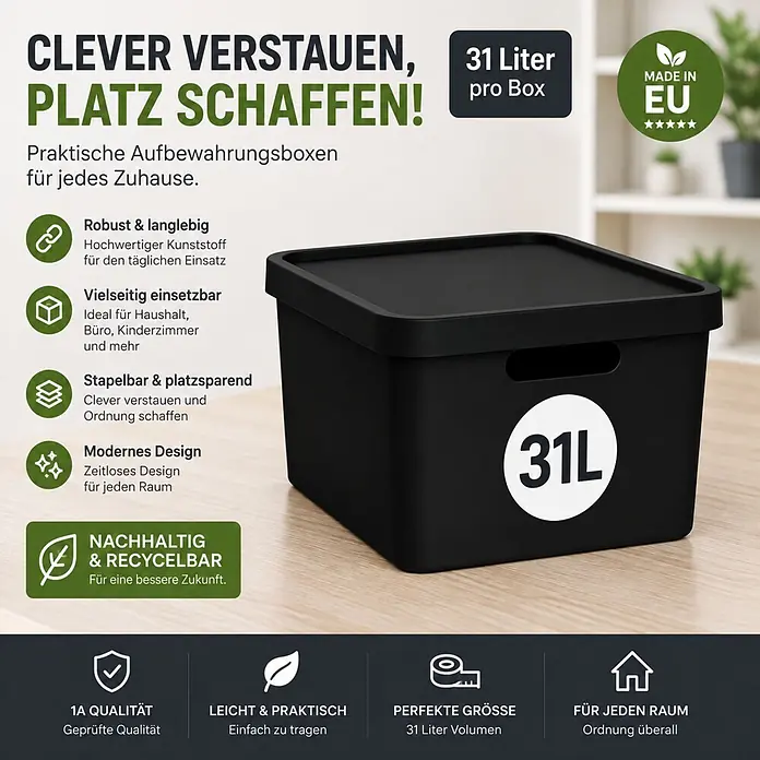 Plastard Aufbewahrungsbox-Set 2er-Set 31 Liter in Schwarz mit Deckel – Stapelboxen, Lagerboxen - L x B x H: 45,5 x 33,5 x 25 cm, Kunststoff, Schwarz, 2 Stk. - Schwarze 31-Liter-Kunststoff-Aufbewahrungsbox mit Deckel, seitlichen Griffen und minimalistischem Design.